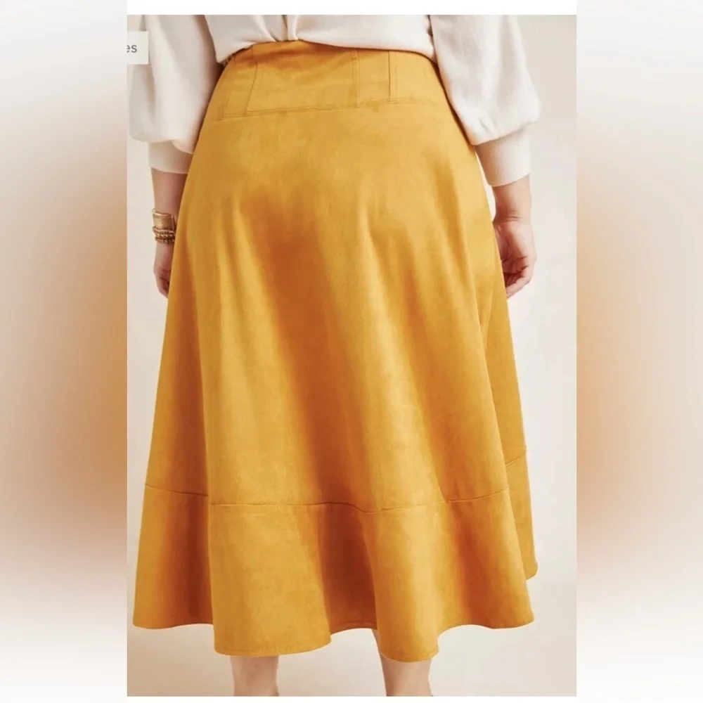 Maeve Anthropologie Cosima Flounced Hi-Low Suede Midi Skirt Mustard size 16W​​ - Picture 15 of 15